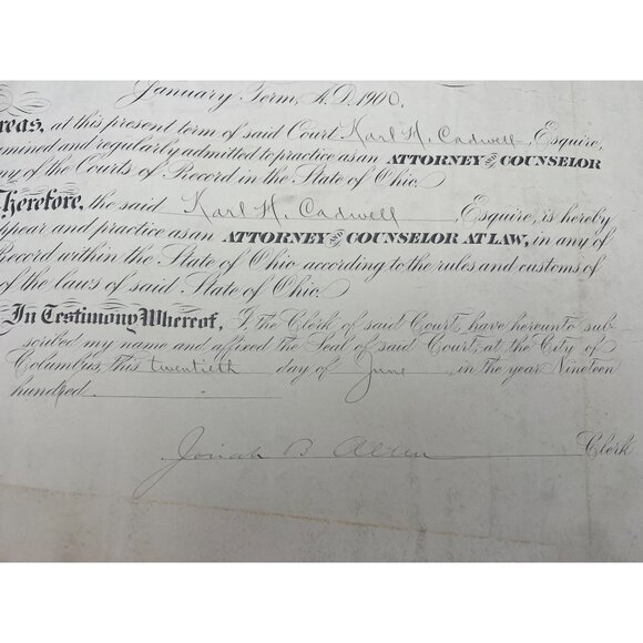 1900 Supreme Court Ohio Attorney Certificate Legal Document Karl Cadwell Antique - Picture 4 of 7